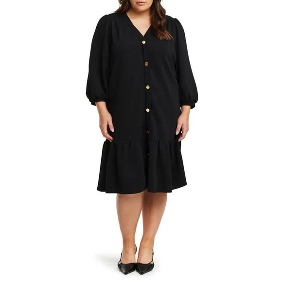 ESTELLE Womens Black Button Down Dress Plus Size Midi Ruffle Hem PLUS SIZE 3X - Picture 1 of 11